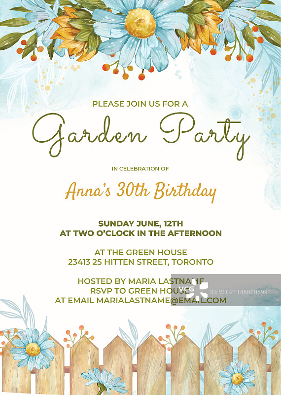 水彩花园派对邀请函设计图片素材