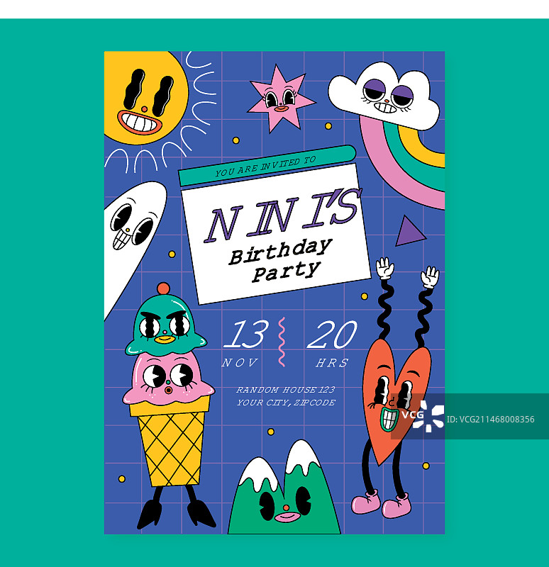 手绘扁平时尚卡通生日邀请函图片素材