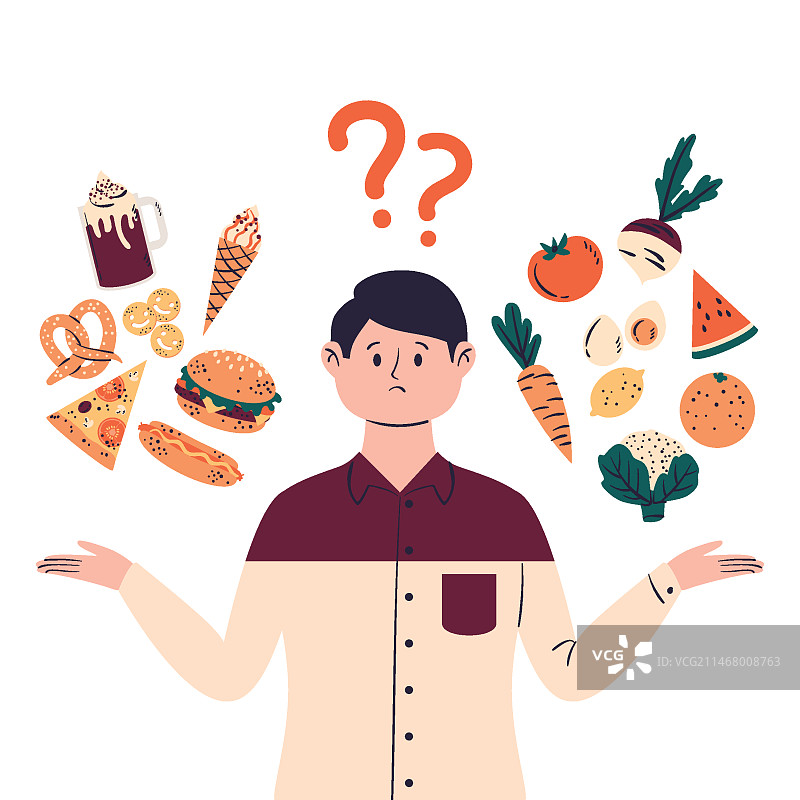 男人在健康或不健康食物之间做出选择插画图片素材