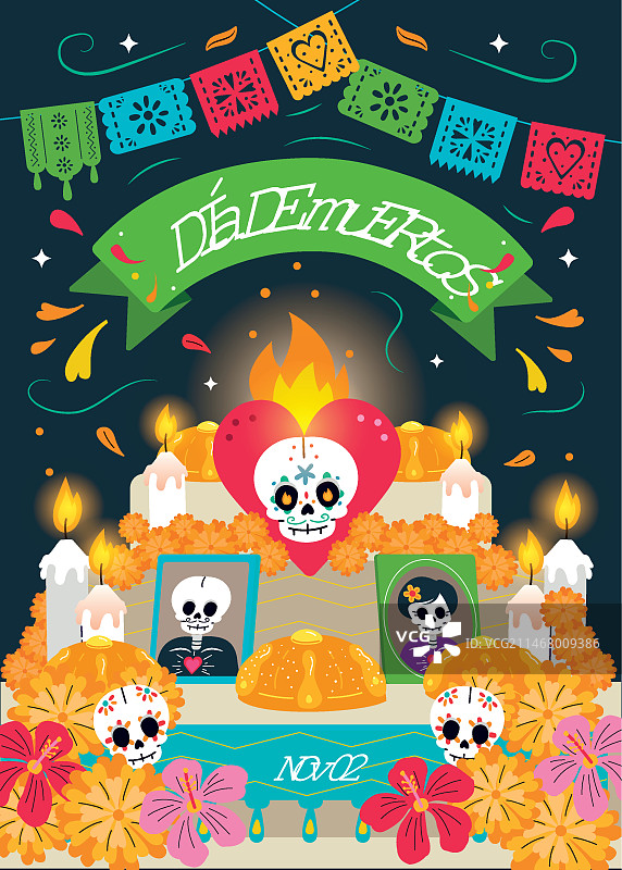 手绘扁平风亡灵节竖版海报模板图片素材