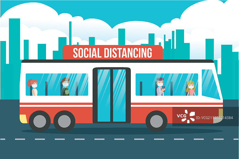 公共交通工具保持社交距离插画图片素材