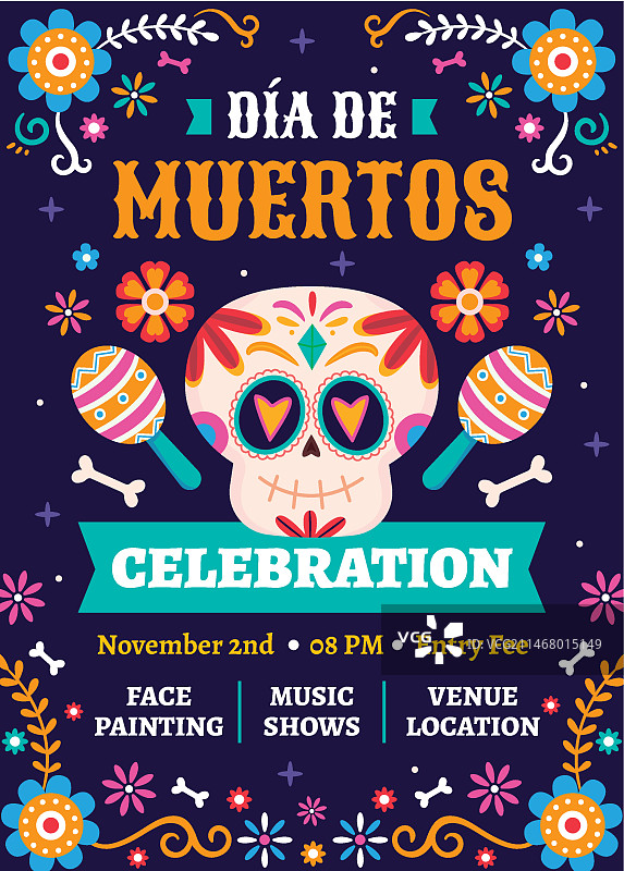 手绘扁平风亡灵节竖版海报模板图片素材