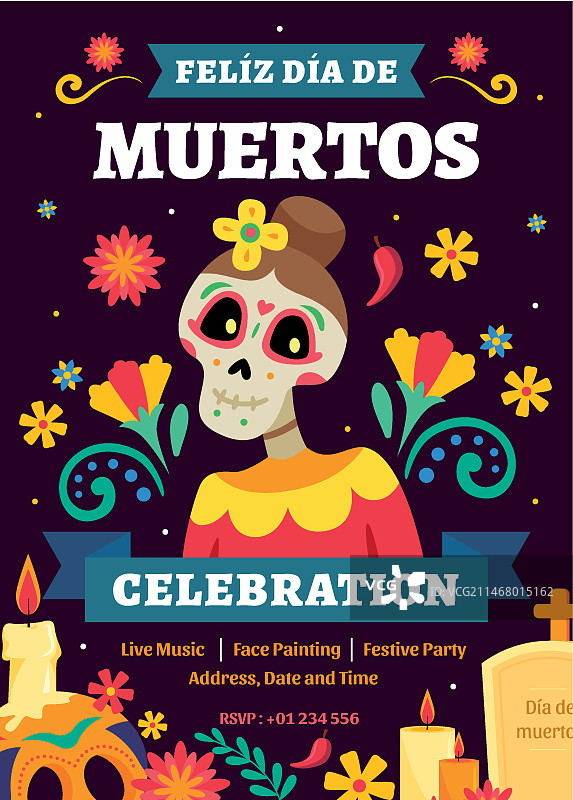 手绘扁平风亡灵节竖版海报模板图片素材