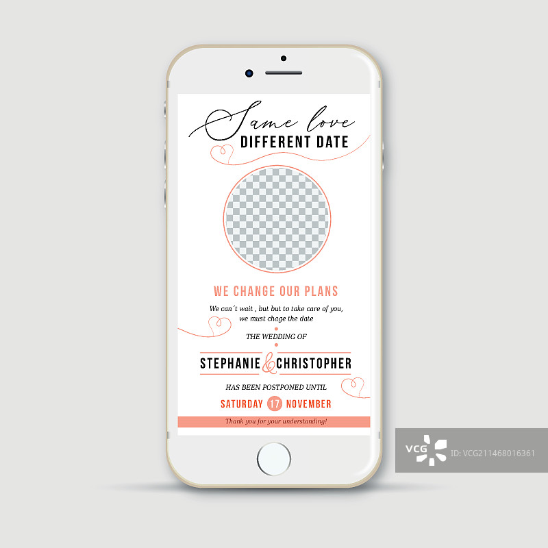 推迟婚礼公告智能手机概念图片素材
