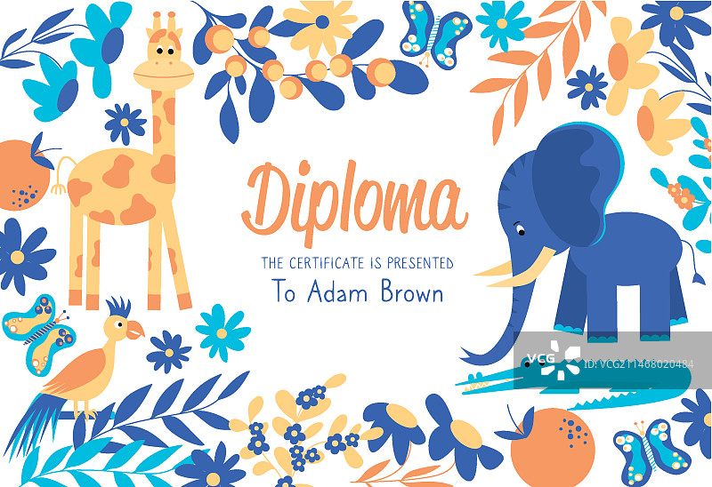 带大象和长颈鹿的儿童文凭模板图片素材