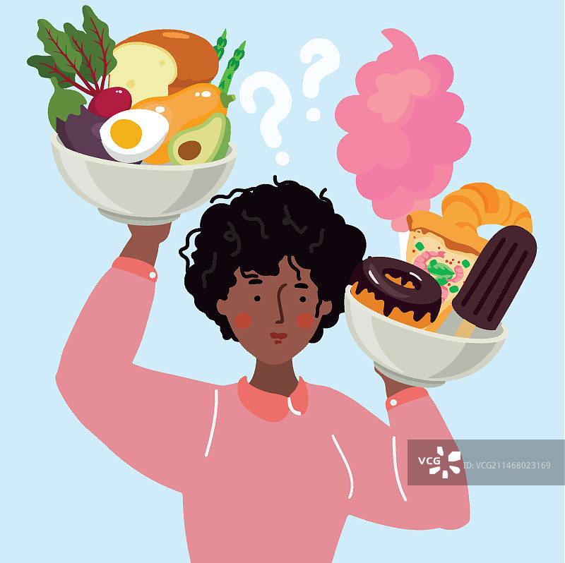 女性需要在健康和不健康食品之间做出选择图片素材