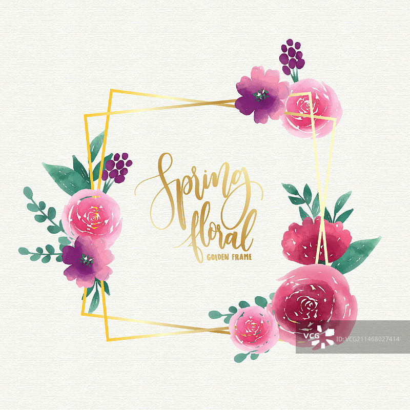 水彩春季花卉金色框架模板图片素材