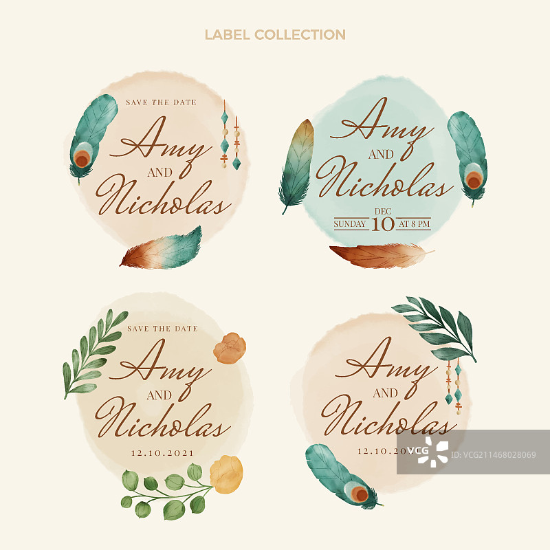 水彩波西米亚风婚礼标签和徽章图片素材