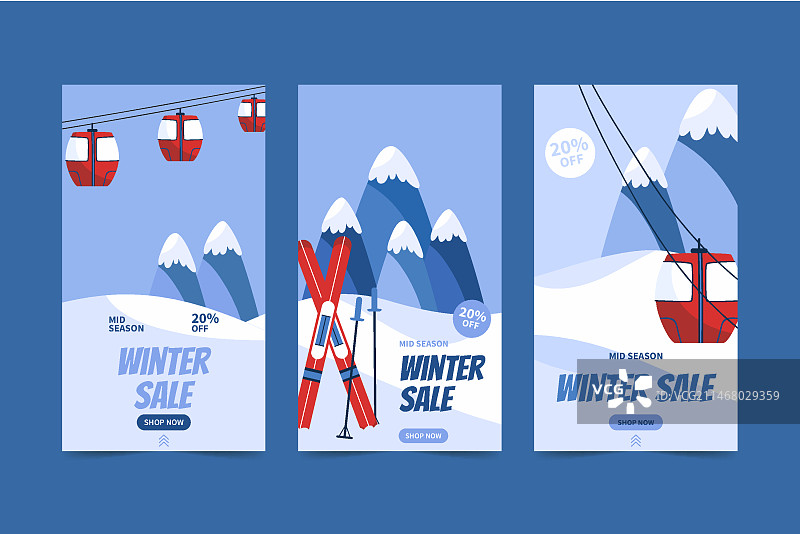 手绘扁平冬季促销Instagram故事集，带缆车和滑雪板图片素材
