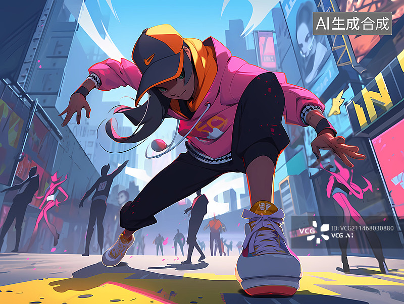 【AI数字艺术】跳街舞的亚洲女孩插画图片素材