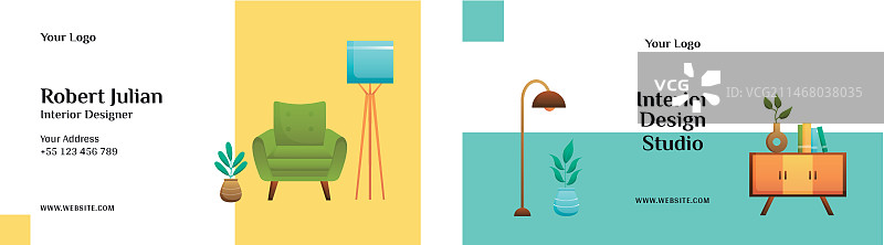 渐变室内设计和家居装饰横版商务名片模板图片素材