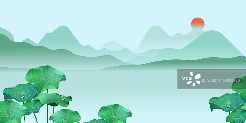 国潮风夏日山水荷花插画背景图片素材