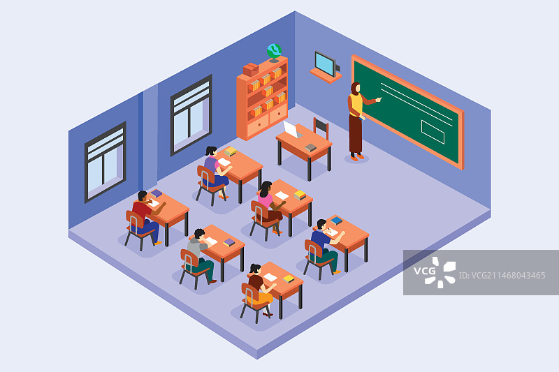 2.5D教室场景，包含教师和学生图片素材