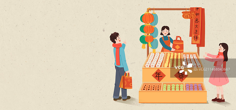 年俗-腊月二十七赶大集集市办年货情侣男女售货员货架浅背景横图图片素材