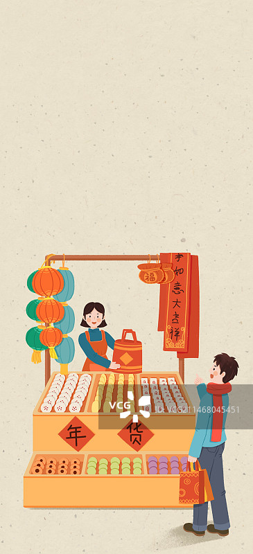 年俗-腊月二十七赶大集集市办年货男人买年货女售货员货架浅背景长图图片素材