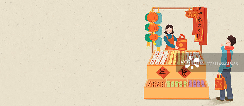 年俗-腊月二十七赶大集集市办年货男人买年货女售货员货架浅背景横图图片素材