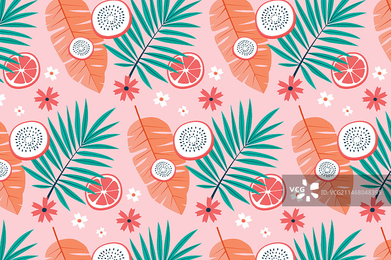 热带树叶和火龙果的夏季图案图片素材