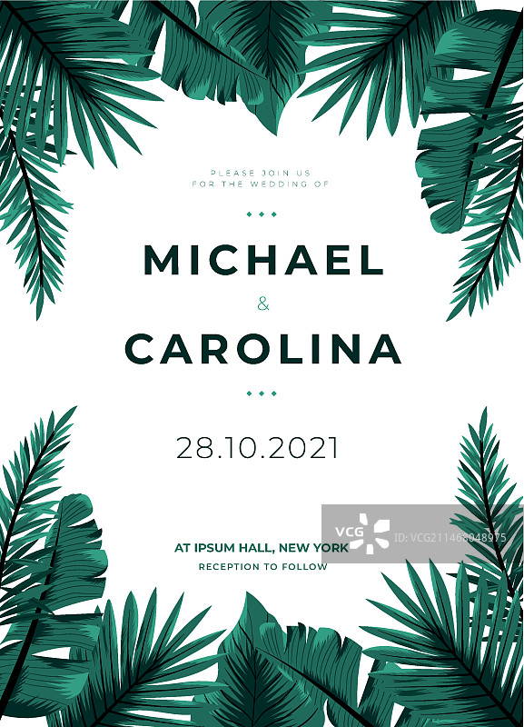 热带树叶婚礼邀请函模板图片素材