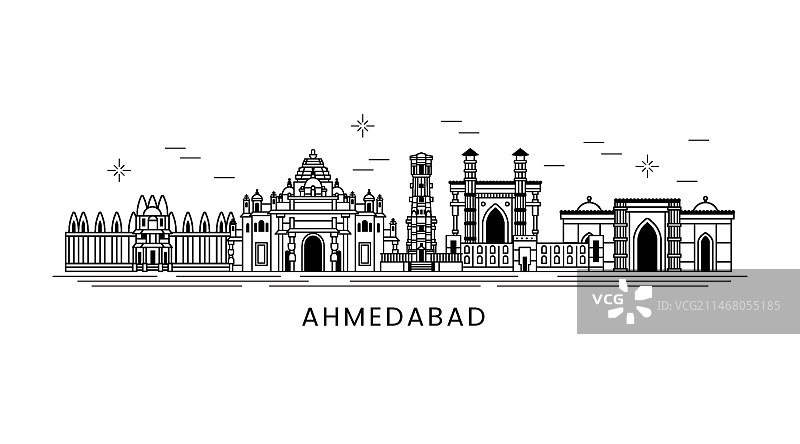 线性艾哈迈达巴德城市天际线（黑白）图片素材