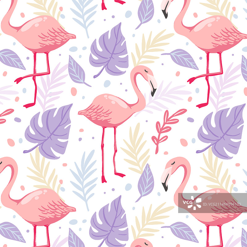 手绘火烈鸟与热带树叶图案图片素材