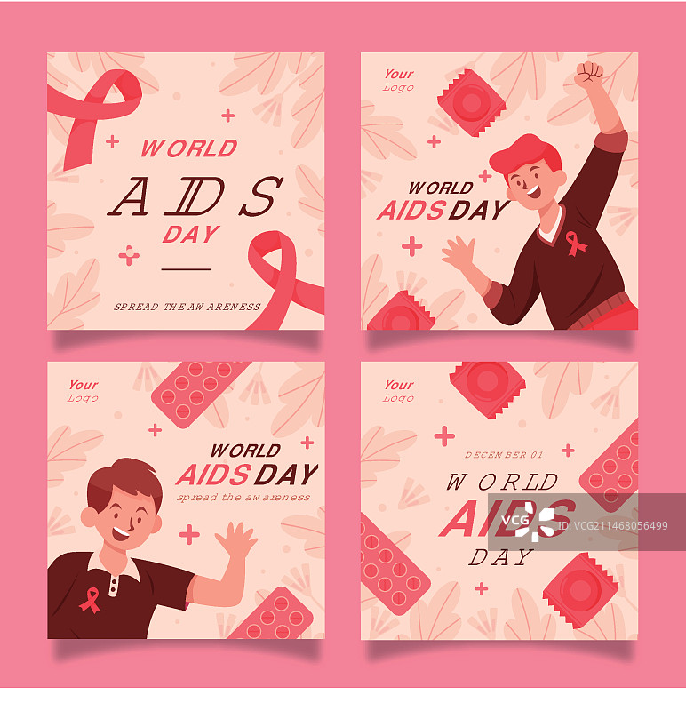 扁平风格世界艾滋病日Instagram帖子合集图片素材