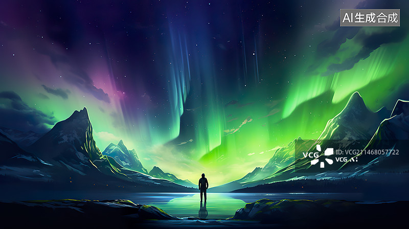 【AI数字艺术】一个人在看着绿色极光雪山森林和河流风光图片素材
