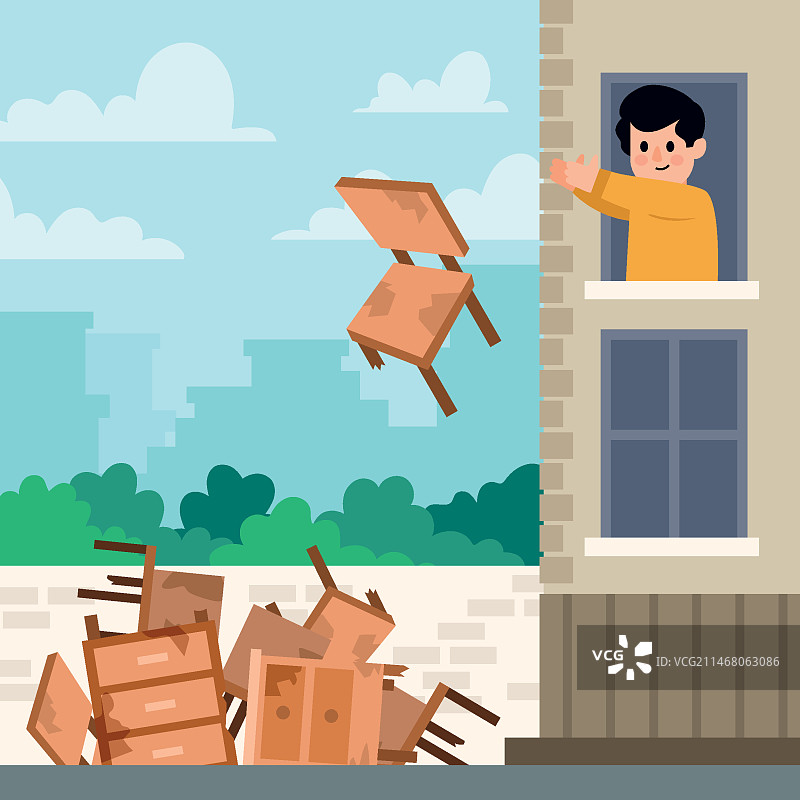 手绘男子扔家具插画图片素材