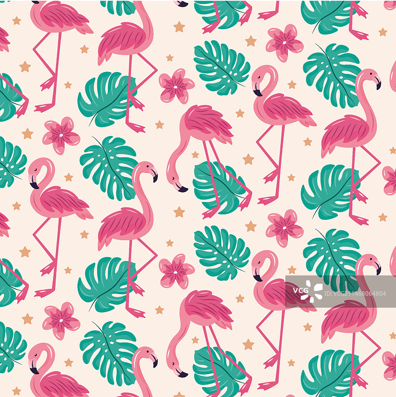 粉红火烈鸟与热带树叶图案图片素材