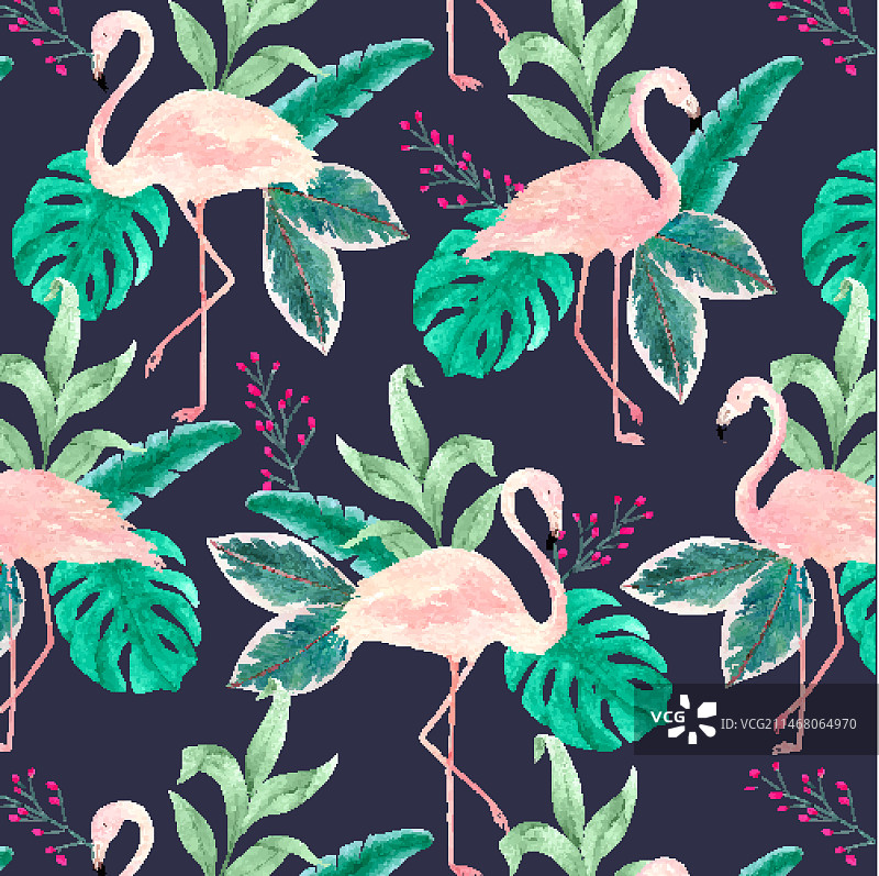 粉红火烈鸟与热带叶子图案图片素材