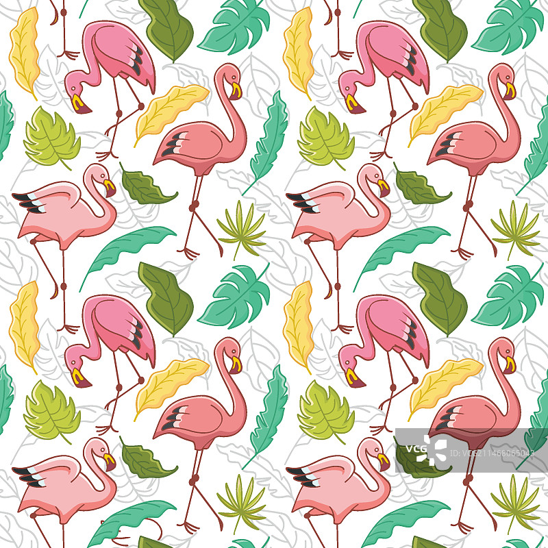 重复的粉色火烈鸟与热带叶子图案图片素材