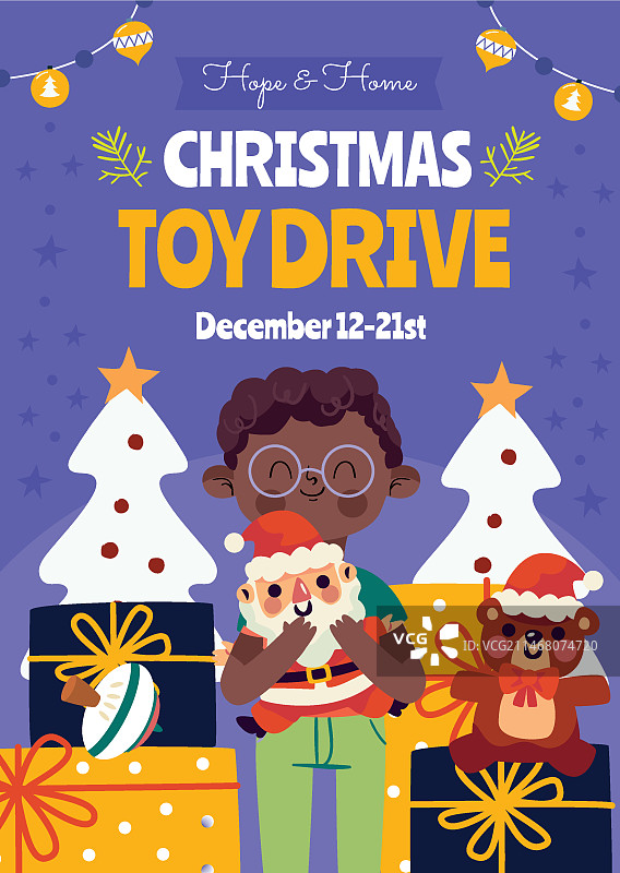 手绘扁平风格圣诞玩具捐赠活动竖版海报模板图片素材