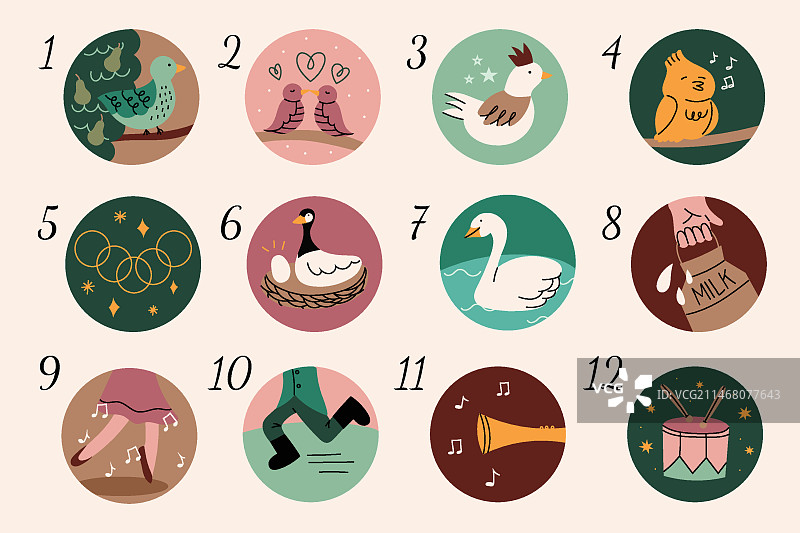 手绘扁平风圣诞节12天插画图片素材