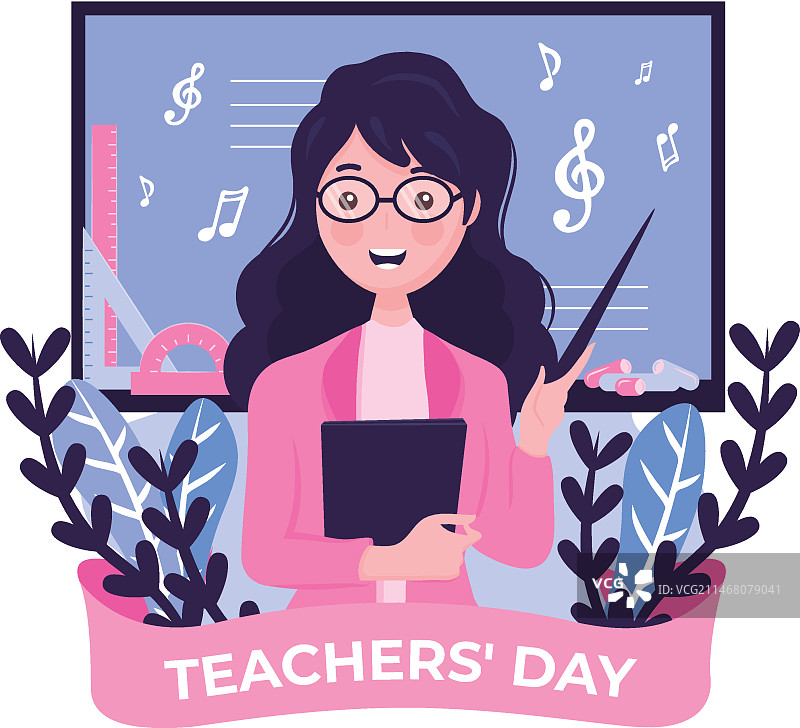 扁平风格教师节背景，含女性和音符图片素材