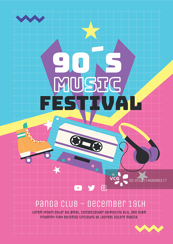 90年代音乐节扁平风格海报模板图片素材