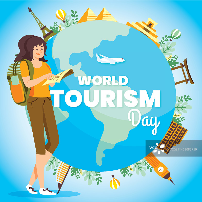 旅游日插画：女背包客与地球图片素材