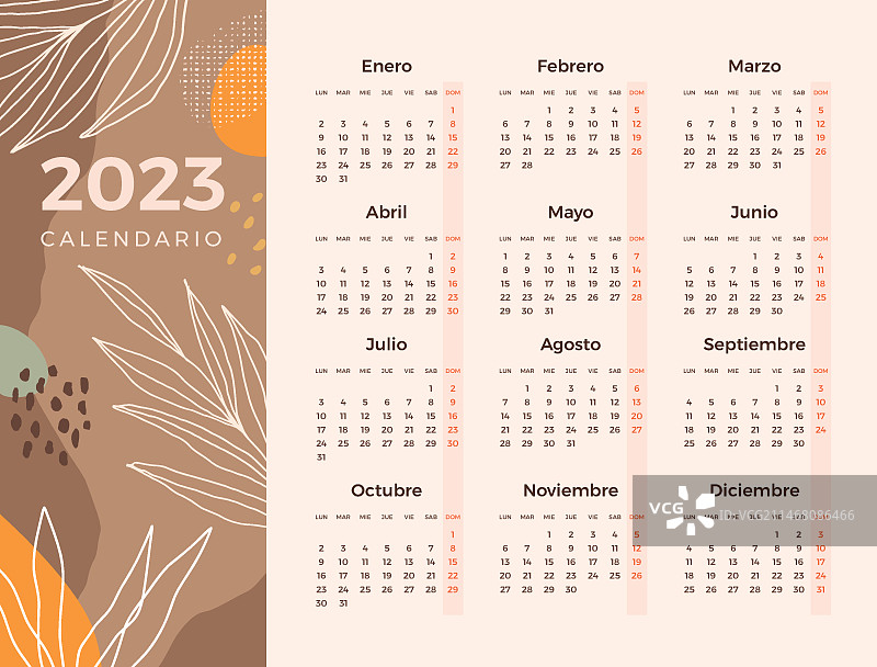 手绘2023年西班牙语日历模板图片素材