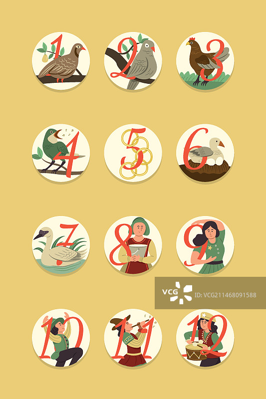 手绘扁平风圣诞节12天插画图片素材