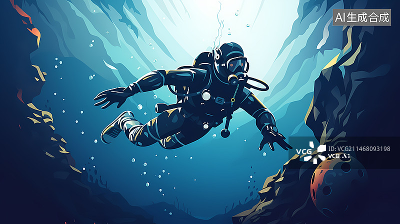 【AI数字艺术】潜水员在海底潜水插画图片素材