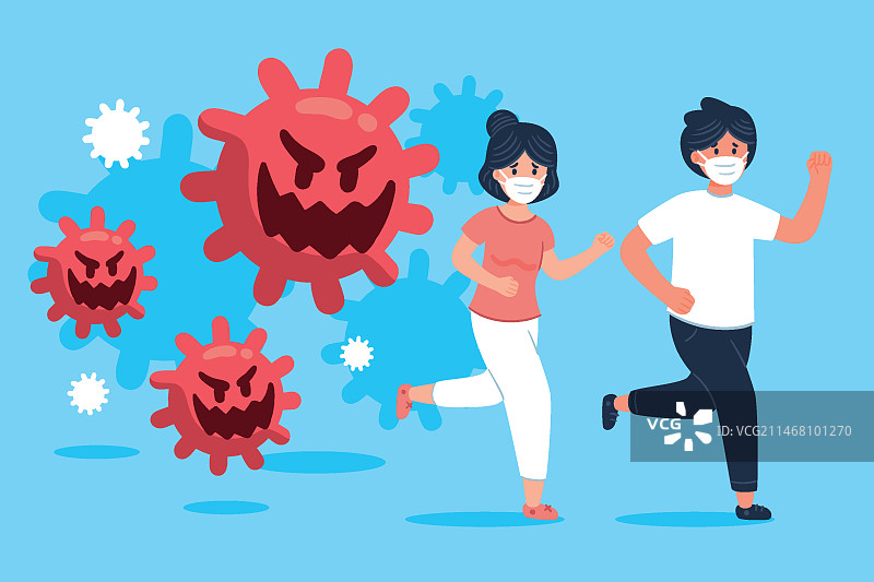 人们从冠状病毒颗粒中逃离插画图片素材