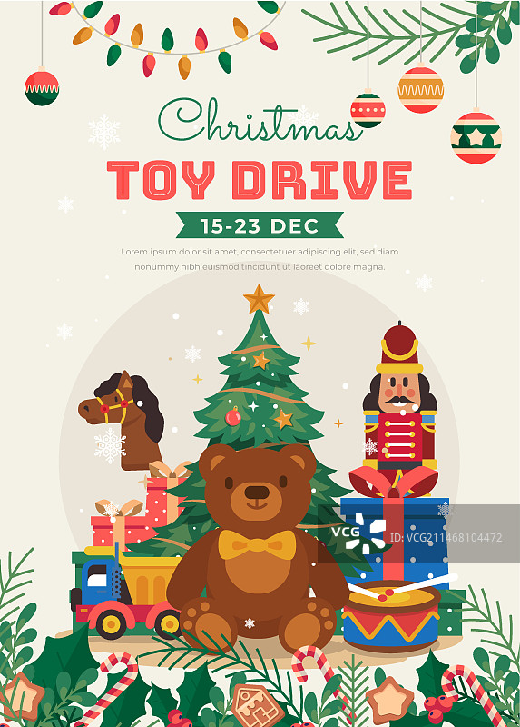 手绘扁平风格圣诞玩具捐赠活动竖版海报模板图片素材