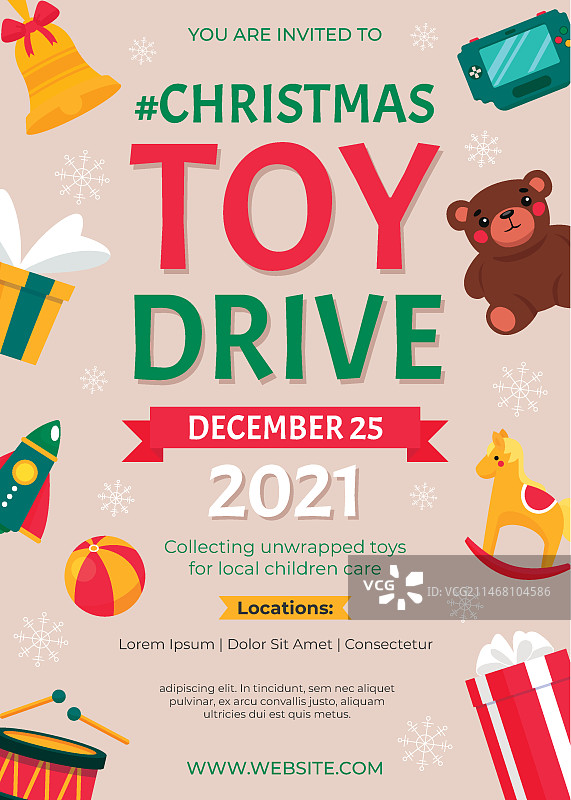 手绘扁平风格圣诞玩具捐赠活动竖版海报模板图片素材