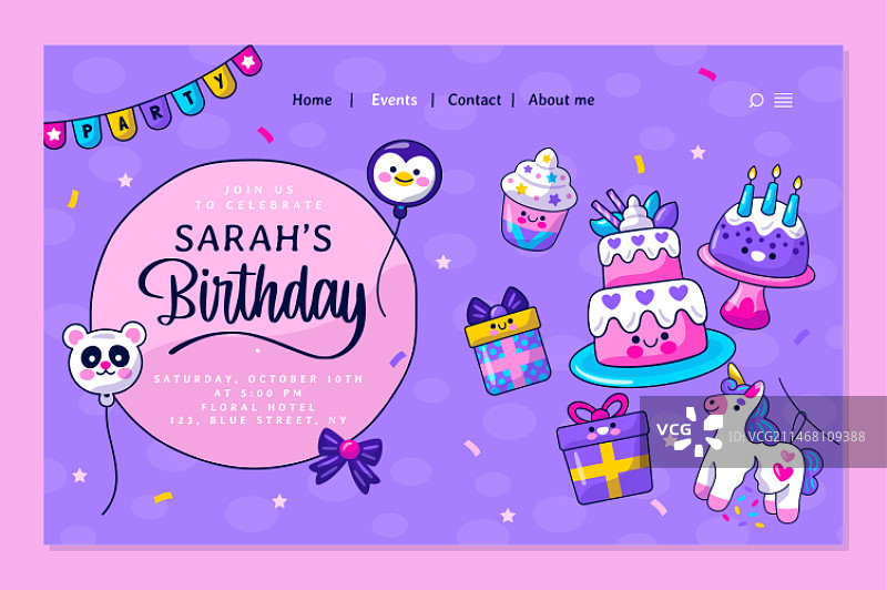手绘儿童风格生日着陆页模板图片素材