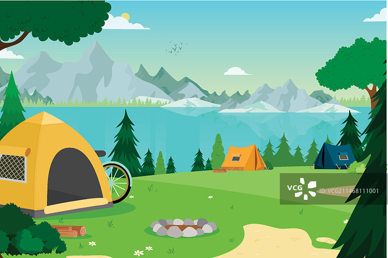 带有帐篷的露营区景观图片素材