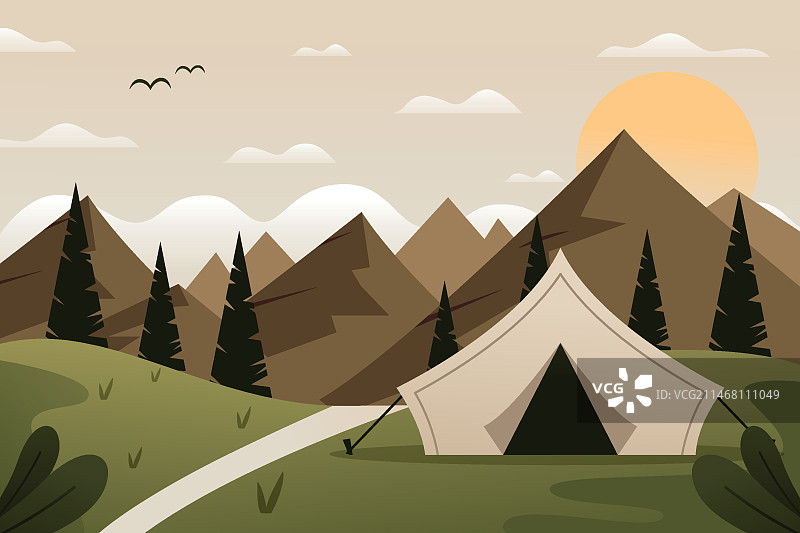 扁平风格露营地景观插画，含帐篷和山丘图片素材