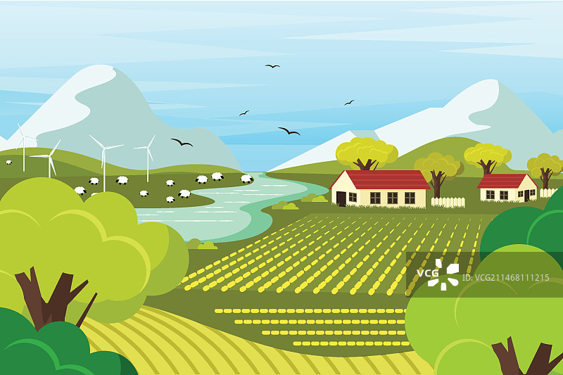 扁平风格的乡村景观插画图片素材