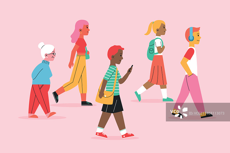 手绘人群行走插画图片素材