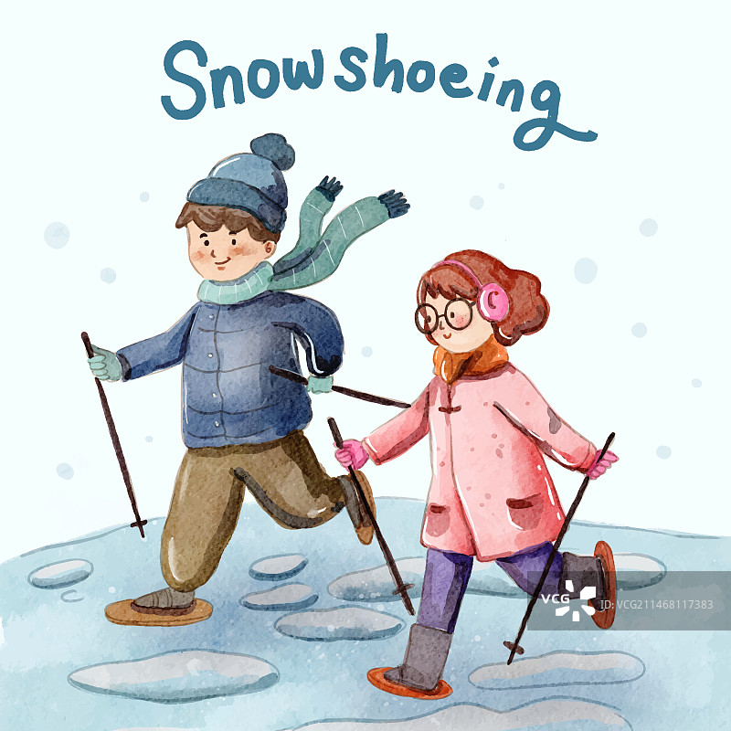 水彩雪鞋插画，两个孩子拿着雪地球拍图片素材