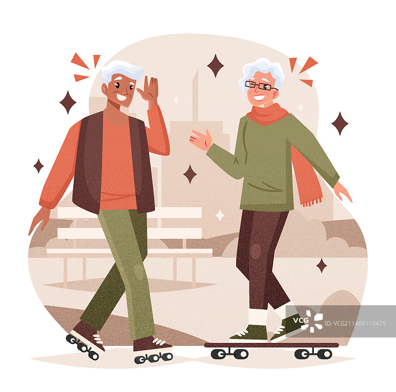 手绘老年人趣味生活插画图片素材