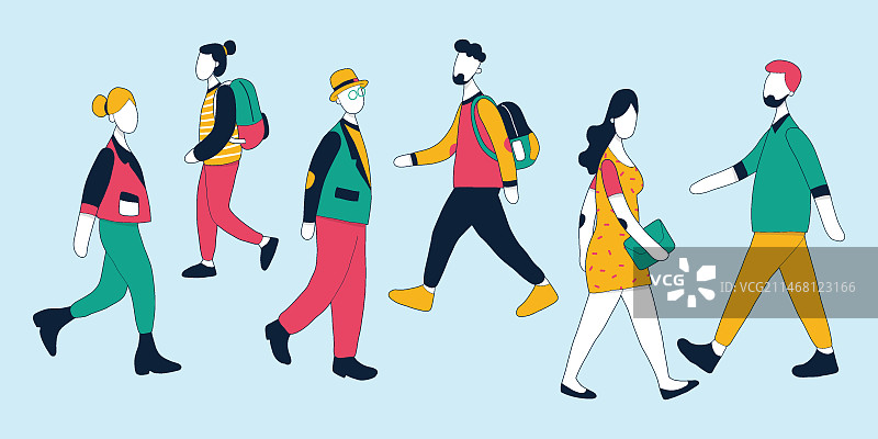 手绘扁平设计人群行走插画图片素材