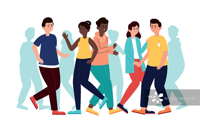 手绘扁平设计人群行走插画图片素材